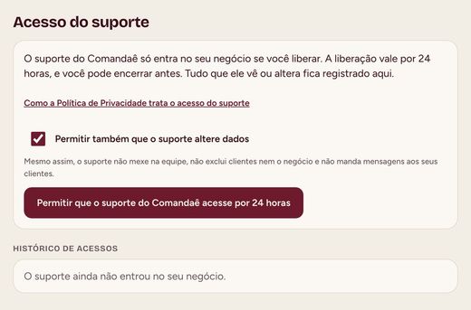 Tela Acesso do suporte: botão para permitir o acesso por 24 horas, opção de permitir alterações e o histórico de acessos.