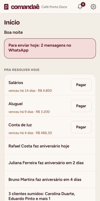 A mesma tela Início no celular, com a lista do que resolver hoje.