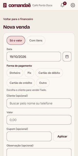 Nova venda no celular: só o valor ou com itens, data, forma de pagamento, cliente, valor e cupom.