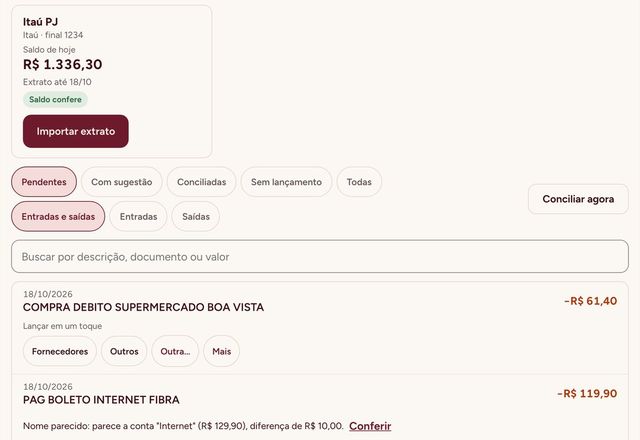 Conta Itaú PJ com o saldo conferido e as linhas do extrato pendentes, com sugestões para lançar em um toque.